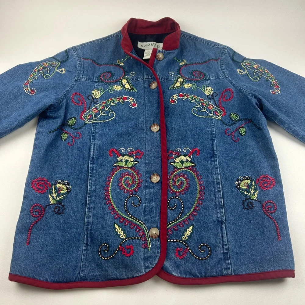 Orvis SZ S VTG WMNS Blue Washed Embroidered Button Front Pocket Denim Jacket - Picture 4 of 7